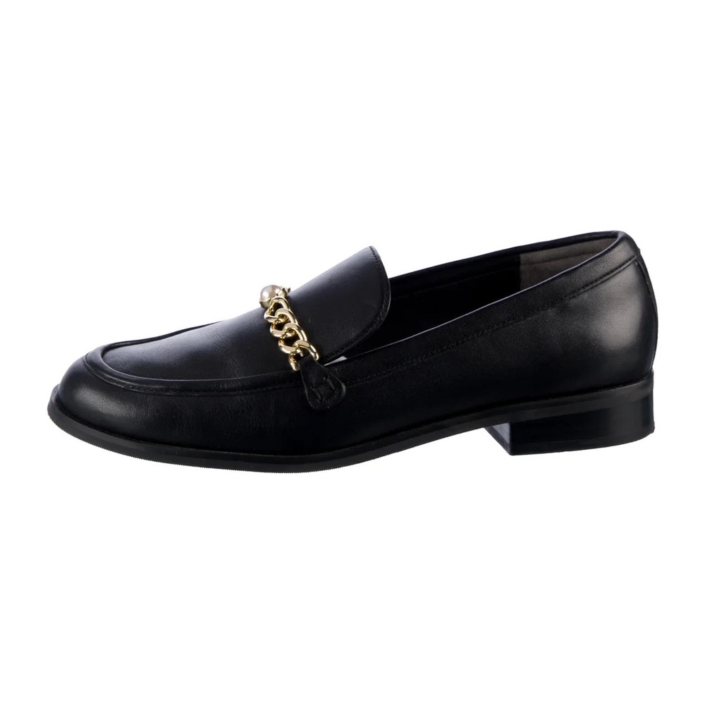 Stuart Weitzman Black Loafers with Gold Chain Accent